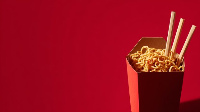 57.Wok box filled with fast food noodles accompanied by wooden sticks, bright red backdrop, trendy takeaway food concept