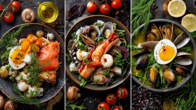 39.Culinary collage background with classic European cuisine dishes, balanced composition, vibrant food photography, restaurant and gourmet theme