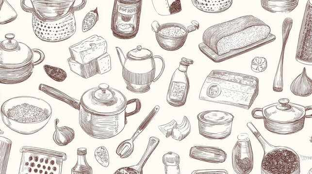 27.Hand drawn kitchen themed seamless pattern featuring cooking tools and ingredients, sketch style line art, repeatable background design