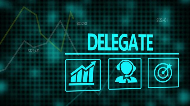 Delegate business concept on a flashing computer monitor with moving graphs and data.