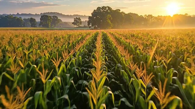 A golden corn field at sunrise in the countryside
