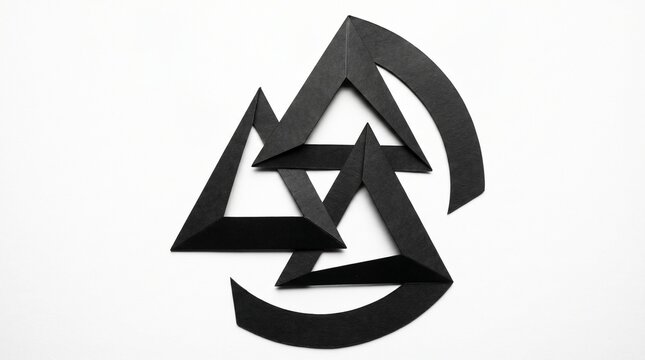 Real black paper origami valknut triangle knot icon. Abstract geometric folded interlocking shapes representing viking heritage, power, and modern branding.