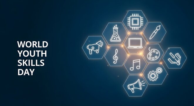 World youth skills day concept with glowing digital icons in honeycomb pattern
