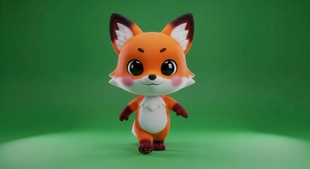 Fototapeta premium Adorable 3D Render of a Cute Cartoon Fox Character Walking on a Green Background, Perfect for Kids Content