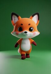 Fototapeta premium Adorable 3D Rendered Cartoon Fox Character with Big Eyes and Soft Fur Standing on Green Background