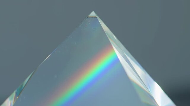 glass triangular prism refracting light into a rainbow spectrum, science education, optics, light dispersion, colorful abstract background