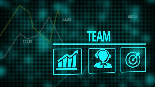 Team business concept on a flashing computer monitor with moving graphs and data.