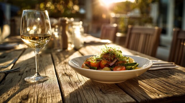 3.Fresh meal served on wooden table with wineglass, outdoor terrace setting, warm sunlight, casual yet refined dining experience, clean composition