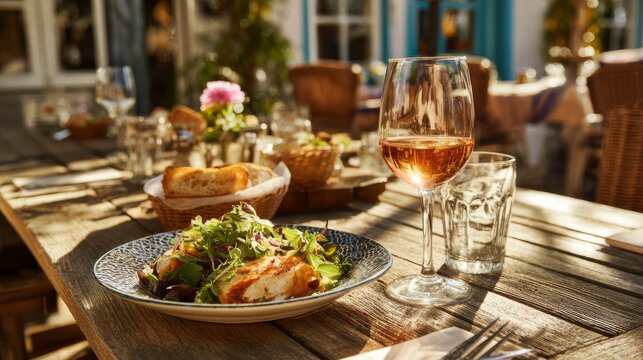 3.Fresh meal served on wooden table with wineglass, outdoor terrace setting, warm sunlight, casual yet refined dining experience, clean composition