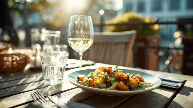 3.Fresh meal served on wooden table with wineglass, outdoor terrace setting, warm sunlight, casual yet refined dining experience, clean composition
