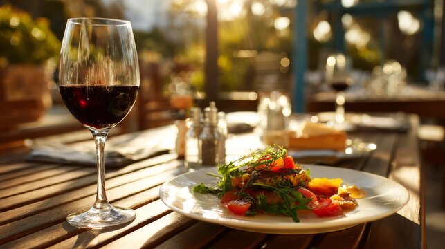 3.Fresh meal served on wooden table with wineglass, outdoor terrace setting, warm sunlight, casual yet refined dining experience, clean composition