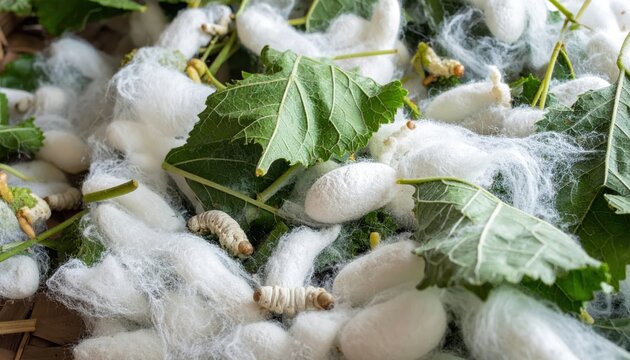 Silkworms Spinning Cocoons Amongst Lush Mulberry Leaves