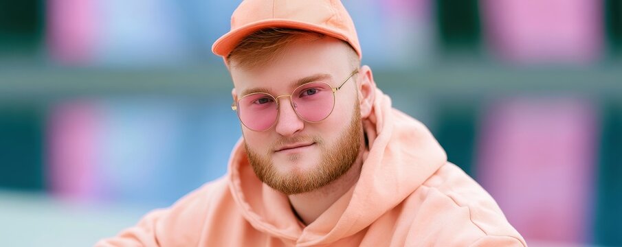 Stylish young man with  ginger beard wearing  peach hoodie and pink tinted glasses with  baseball cap