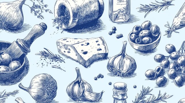 72.Decorative seamless food background with hand drawn Mediterranean ingredients, simple outlines, harmonious composition, culinary illustration style