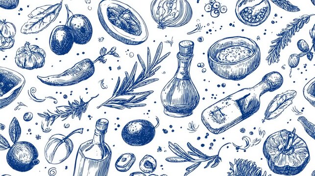 72.Decorative seamless food background with hand drawn Mediterranean ingredients, simple outlines, harmonious composition, culinary illustration style