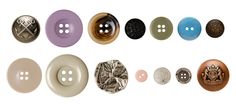 Set of various clothing buttons in different colors, shapes and materials isolated on white background. Flat lay collection for sewing craft blogs, packaging, scene creator, scrapbooking, invitations
