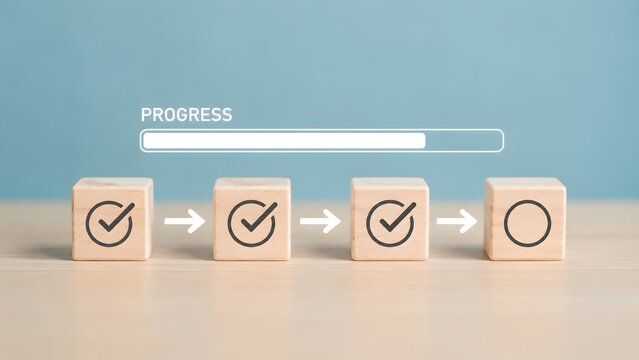 Project management workflow concept with wooden checkmark blocks and loading progress bar representing task completion