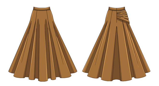 Stylish Brown Pleated Maxi Skirt Technical Fashion Sketch Front and Rear View for Apparel Design
