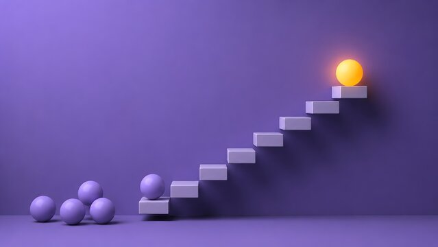 Leadership achievement concept showing a glowing sphere on top of a staircase representing career advancement and business success