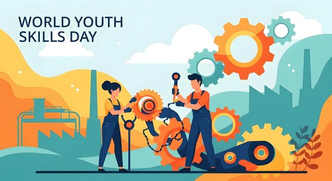 Young workers operating industrial machinery and gears representing technical training and vocational education for world youth skills day