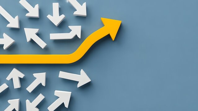 Strategic market disruption concept with a yellow arrow breaking away from chaotic white arrows representing innovative business direction