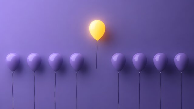 Creative innovation concept featuring a glowing yellow balloon rising above purple competitors symbolizing leadership and unique vision