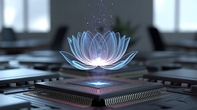 A glowing blue lotus flower emerges from a computer chip in a modern office setting with technology and nature blending.