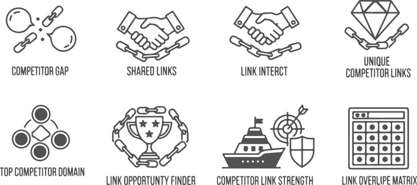 Competitor analysis icons set for seo strategy and link building services.