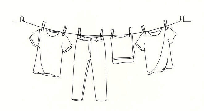 Laundry on Line . Minimalistic one-line drawing clothes hanging on a laundry line with simple clothespins, continuous single black line on white background, simple outline style, no shading, no 