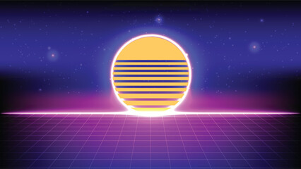 1980s 1990s retro futuristic landscape featuring a glowing neon sun, wireframe grid and starry cyber space © pics3