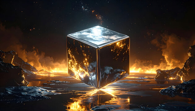 Reflective cube hovers above water in a surreal landscape under a starry sky glowing with orange and gold light creating a surreal dreamscape