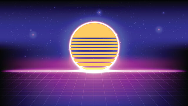 1980s 1990s retro futuristic landscape featuring a glowing neon sun, wireframe grid and starry cyber space