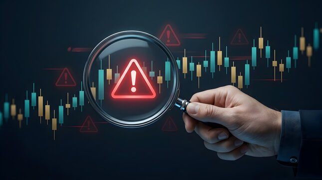 Financial risk analysis concept showcasing a corporate hand using a magnifying glass to identify market volatility and economic anomalies on a trading chart