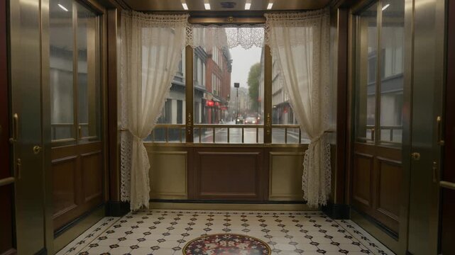 Luxury elevator interior with city view on rainy day