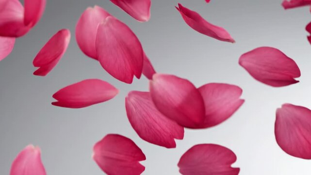Pink flower petals gently falling against a soft grey gradient background, delicate, romantic, and serene motion