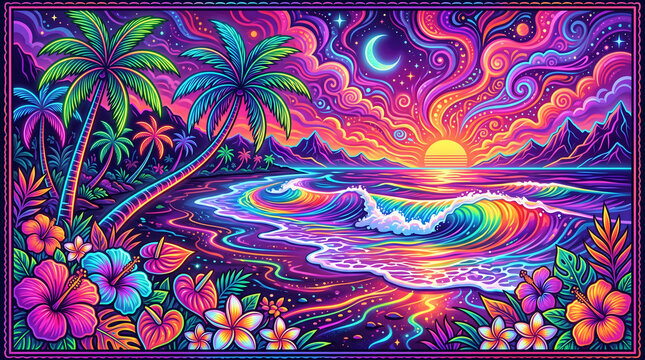 Abstract Psychedelic Ocean Beach Sunset Vector Background with Trippy Swirling Neon Waves