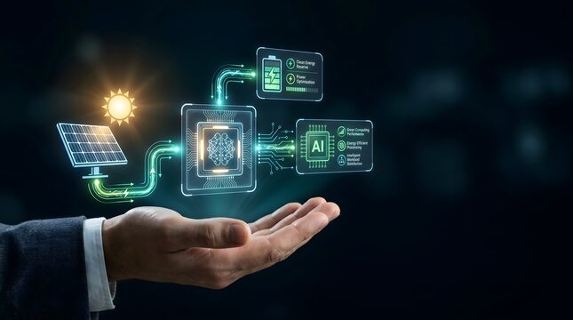 Renewable energy management concept with artificial intelligence brain chip optimizing solar power and smart grid technology