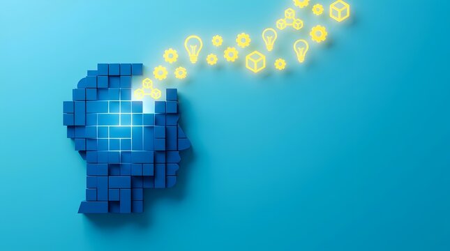 Artificial intelligence creativity concept with digital block head releasing glowing yellow innovation and strategy icons