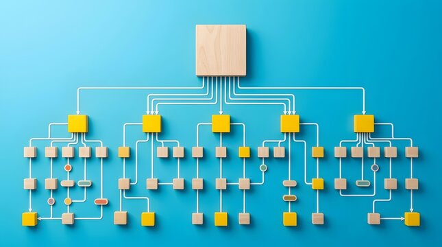 Corporate hierarchy management concept showcasing a top down wooden block decision tree for organizational workflow strategy