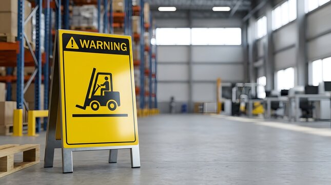 Warehouse safety protocol concept featuring a yellow forklift warning sign in a modern industrial logistics facility