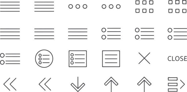 Hamburger menu icon set navigation drawer UI elements list symbols close button arrow directions.