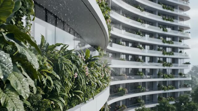 Modern curved residential building with a lush vertical garden on balconies, green wall exterior, sustainability, and biophilic design