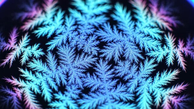 Abstract fractal snowflake pattern forming in blue and pink, icy frost texture, winter holiday background