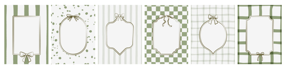 Obraz premium Vintage coquette frames with delicate ribbon bow, spring green gingham background. Whimsical cottagecore design for Easter cards, wedding invitations, or greeting posters with plaid pattern