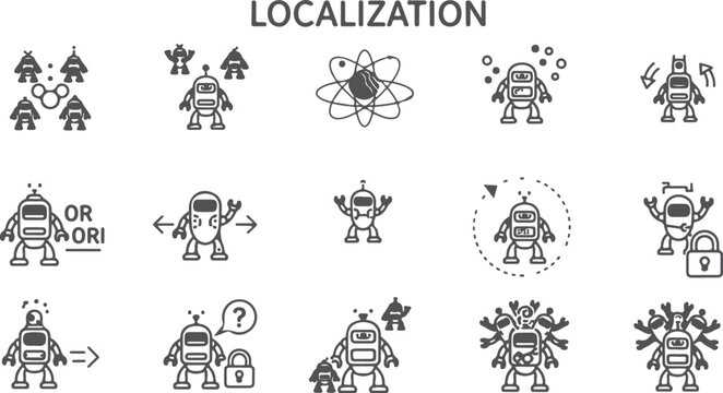 Robot icons indicating localization concepts such as pathfinding and coordination in a transparent background.