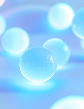 Glowing blue neon orbs floating on blurred white backdrop, cute abstract style, soft pastel aesthetic, dreamy lighting, gentle glow, minimal composition.