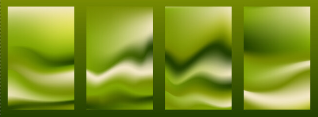 Obraz premium Green latte matcha gradient background with smooth organic waves, vector posters with blurred texture. Abstract green tea liquid design templates for wellness banner, elegant cafe menu