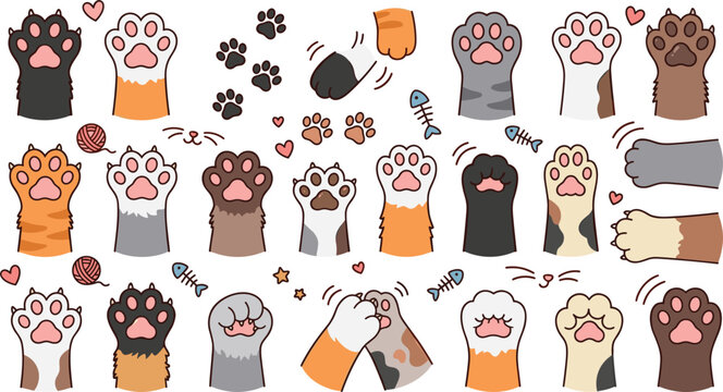 Cute cartoon cat paw vector collection set featuring colorful kitten feet pads footprints claws yarn balls and fish bones isolated on white background for kids
