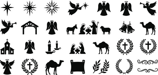 Christmas Nativity and Christian Religious Silhouette Icon Set with Holy Family, Angels, Star of Bethlehem, Stable, Church, Cross, and Camel Symbols © Himu 