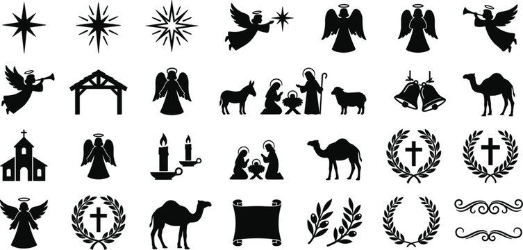 Christmas Nativity and Christian Religious Silhouette Icon Set with Holy Family, Angels, Star of Bethlehem, Stable, Church, Cross, and Camel Symbols